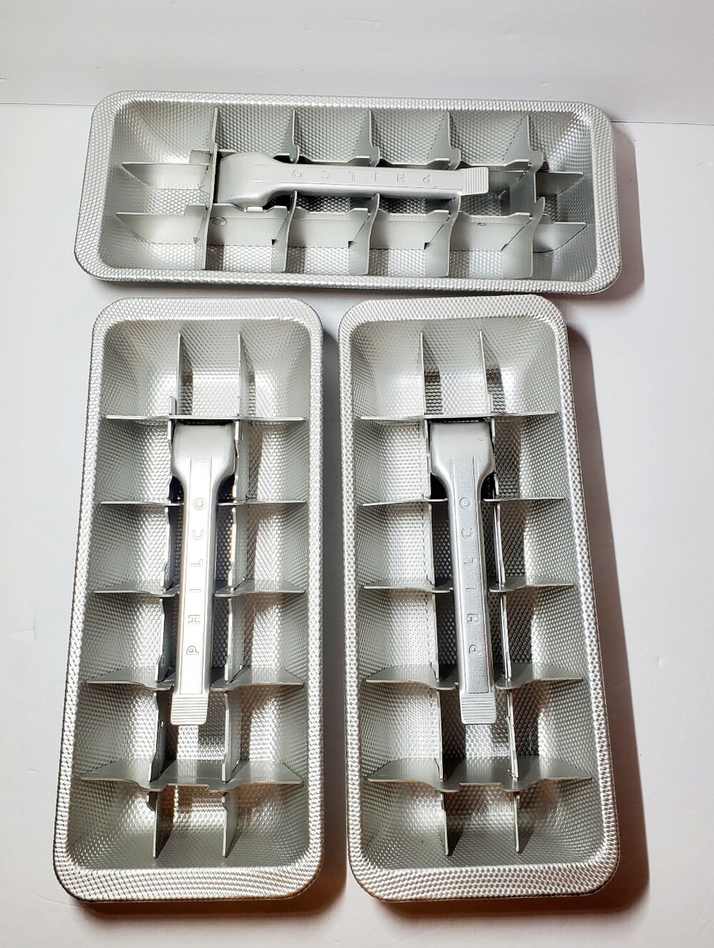 Vintage Ice Cube Trays Philco Aluminum Quickube Mecanical Lever Release Set of 3